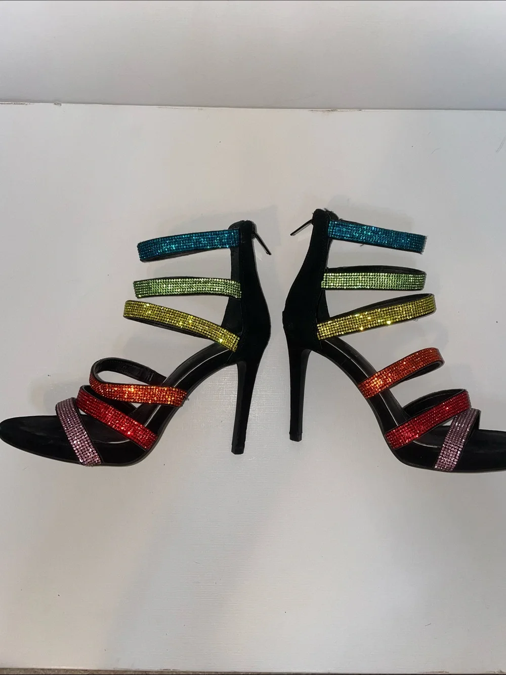 Gianni Bini Black Strappy High Heel Sandal with Multicolor Crystal Straps - Sz 7